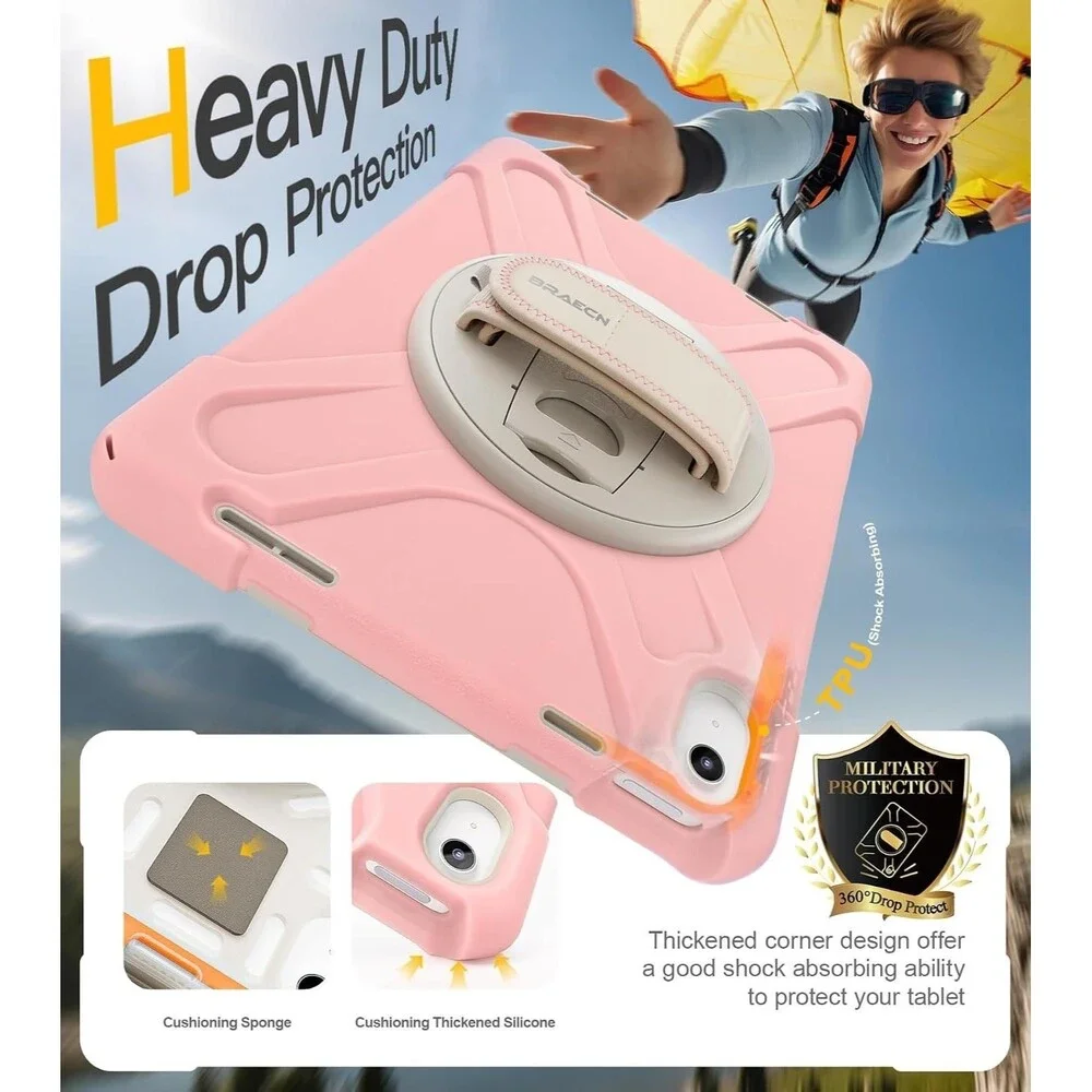 BRAECN iPad 10th 11th Gen10.9 Case Heavy Duty Shockproof Handle Stand Strap Pink